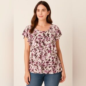 Lavish XL Floral Layered Ruffle Blouse | Lavender & Brown Watercolor Print